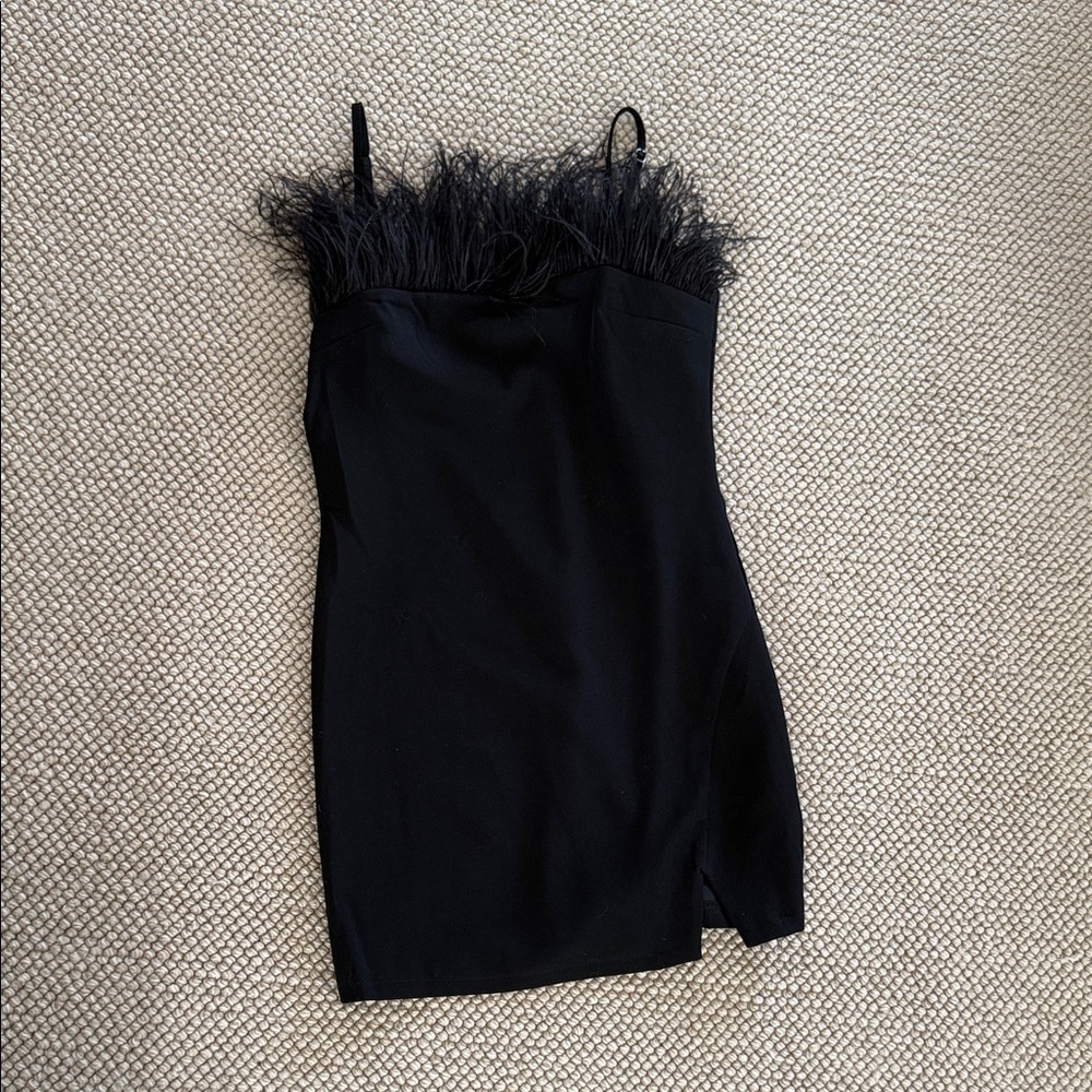 Elegant Black Mini Dress with Feather Detail